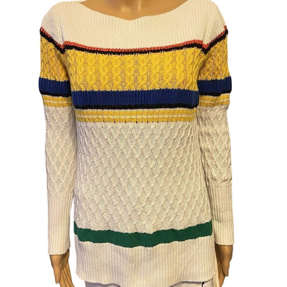 Vtg 90s Liz Claiborne Women M Cable Knit Sweater White Rainbow Pullover OldMoney
